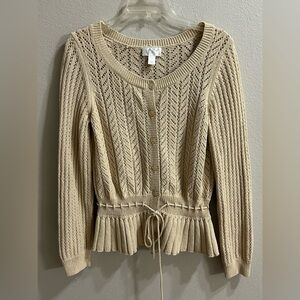 LOFT Cardigan Sweater Sz L Tan Crochet Button Up Boho Beach Coastal Resortwear